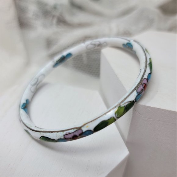 Vintage Cloisonné Bracelet White with Flowers - Picture 2 of 6